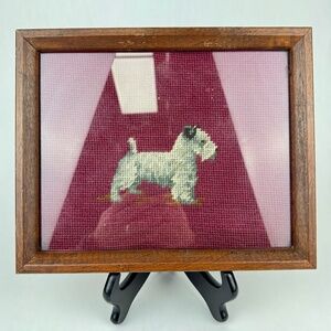 Vintage Hand Stitched Needlepoint Sealyham Terrier on Burgundy Framed Art 9x11